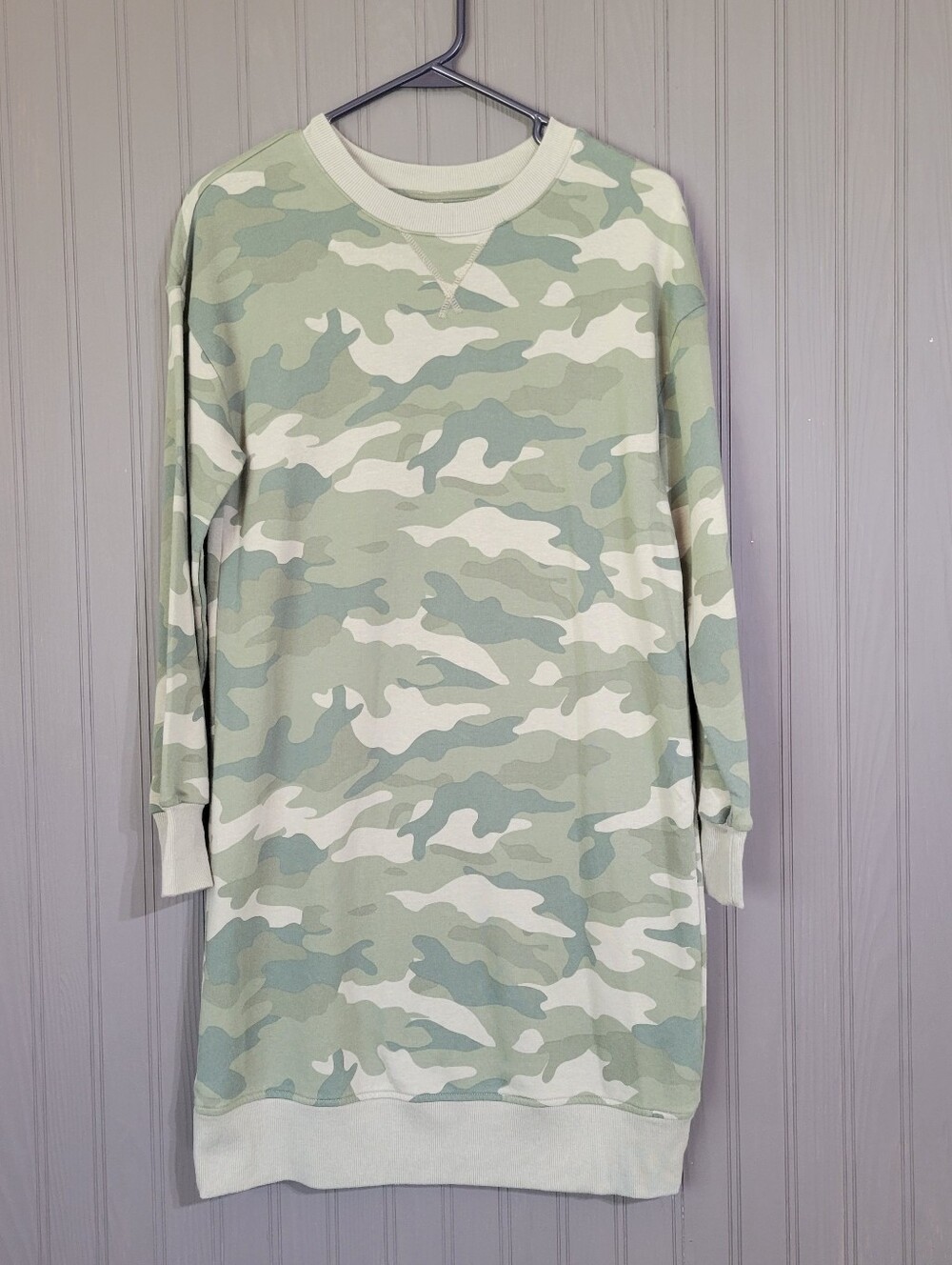 NWT Old Navy Sweatshirt Dress Long Sleeve Crewneck Camo Print Green Women's XS